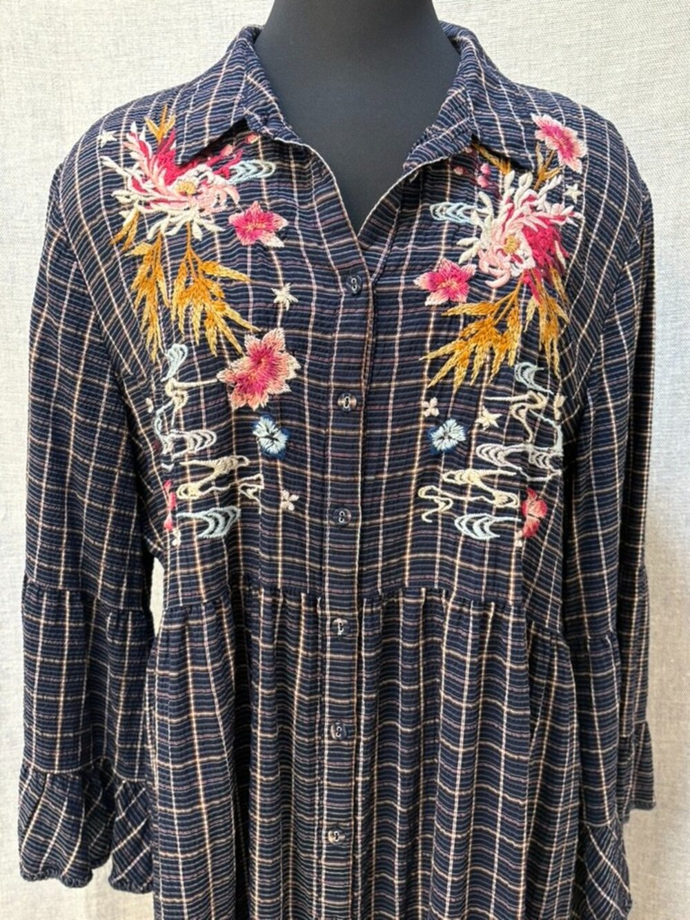 Johnny Was Emiko Easy Tiered Dress, Navy Plaid XL - Picture 5 of 16